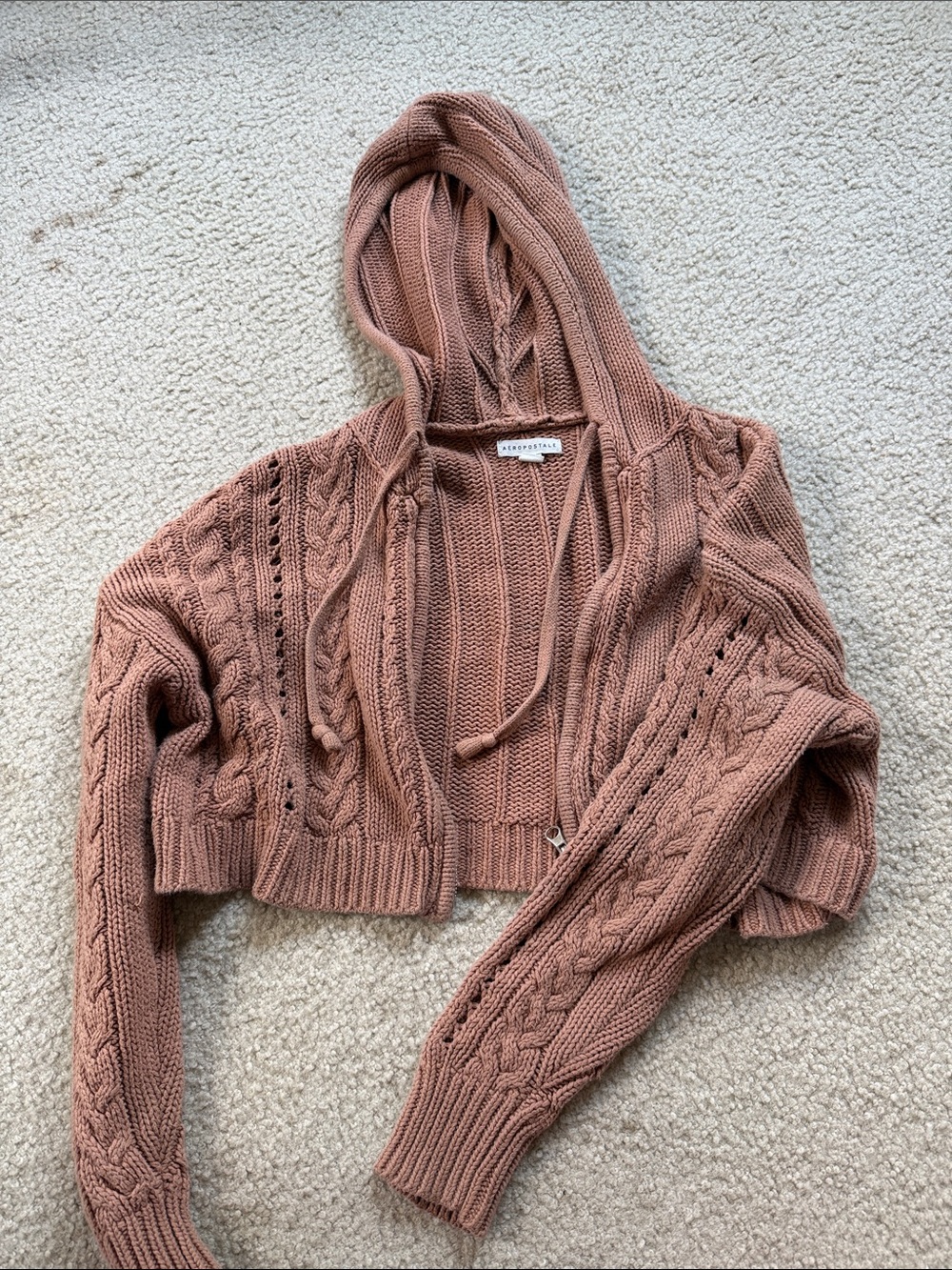 Aeropostale Cropped Hooded Cable Knit Sweater - Dusty Rose Mauve